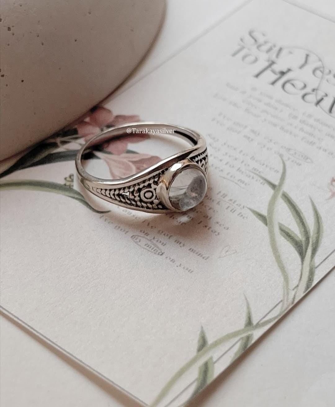 Clear Quartz Round Boho 925 Sterling Silver Ring
