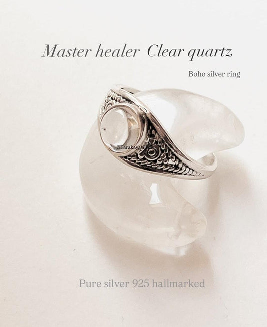 Clear Quartz Round Boho 925 Sterling Silver Ring
