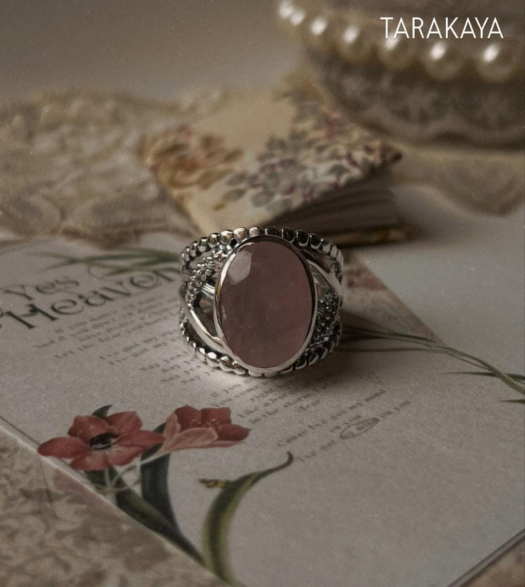 Rose Quartz Statement Twig textured Band 925 Sterling Silver Ring