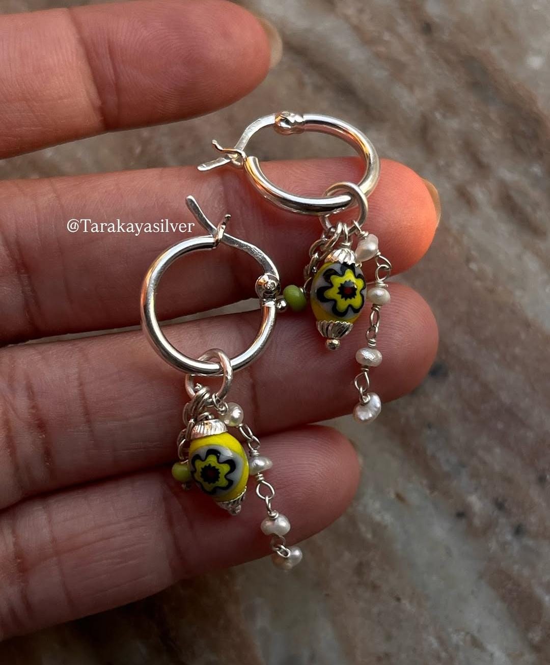 Freshwater pearl and green removable charms silver Italian hoops  
