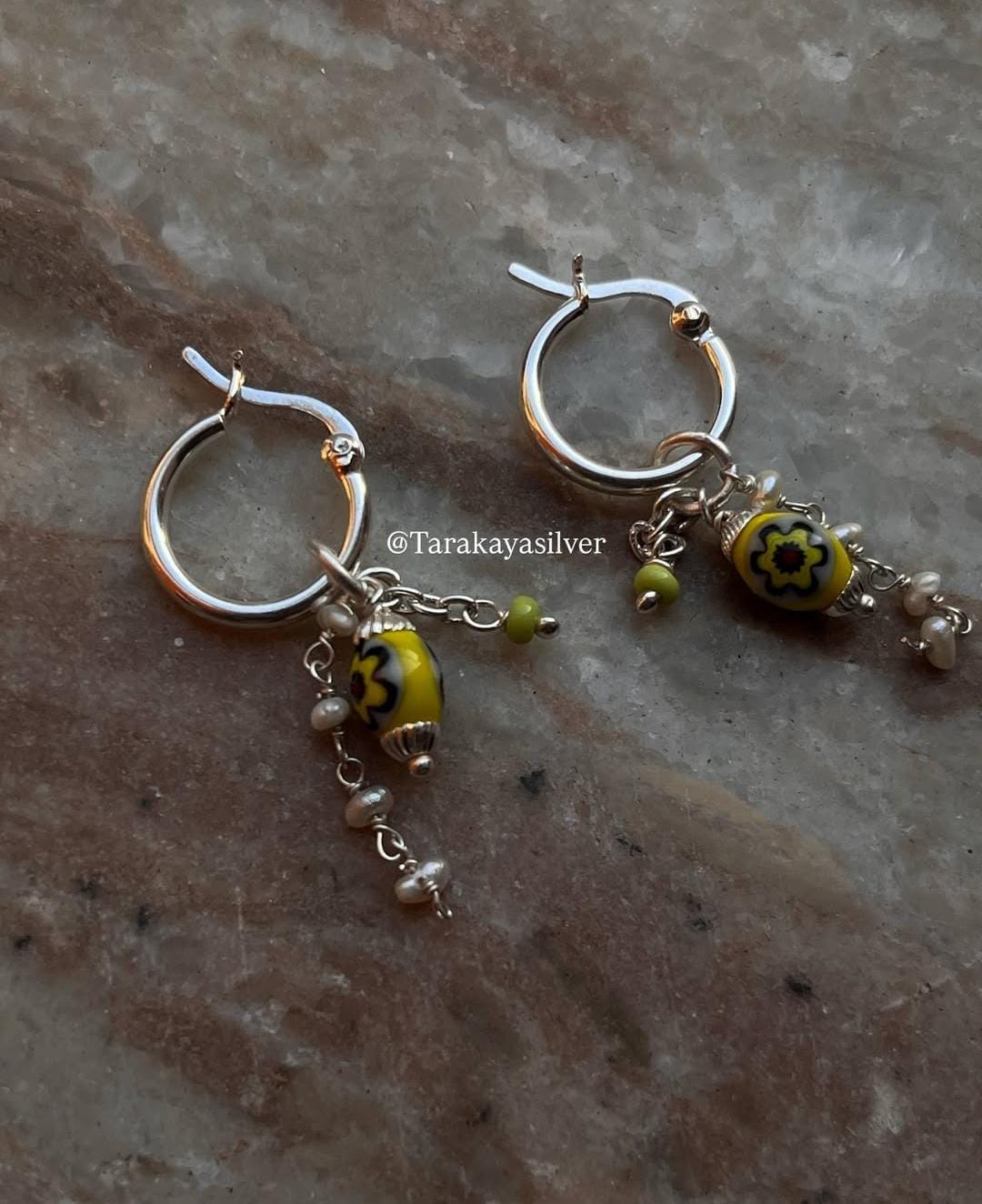Elegant Italian silver hoops with freshwater pearl and green charms  