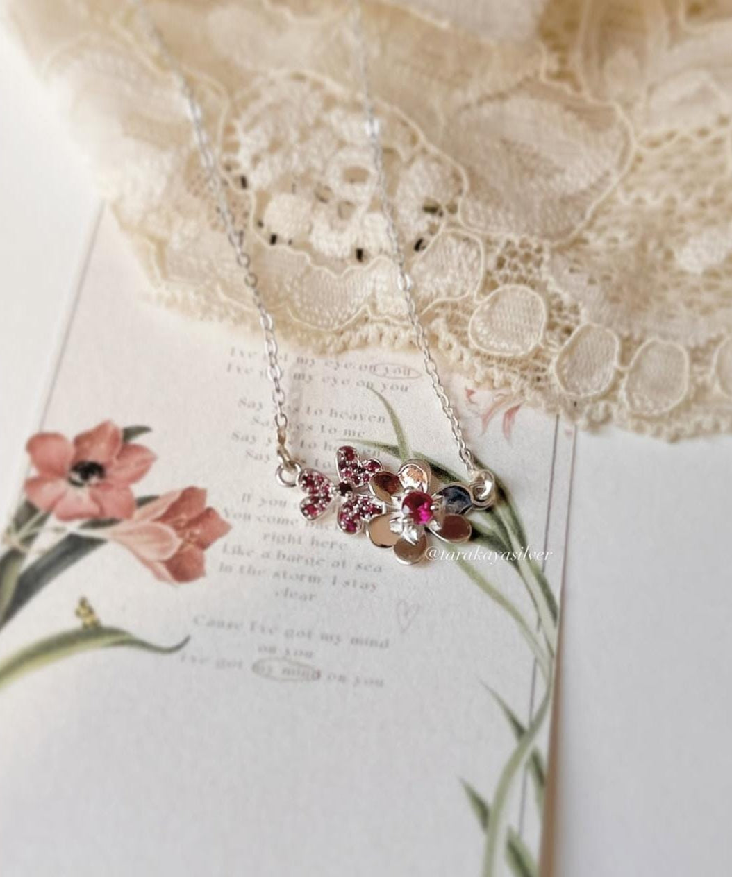 Ruby lab-grown flowers bouquet necklace in 925 silver  