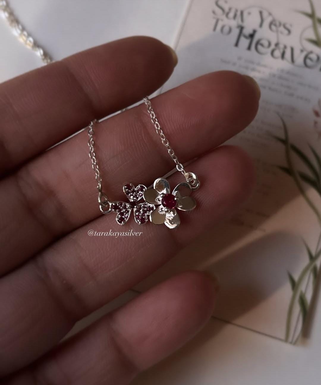 925 silver lab-grown ruby flower bouquet pendant necklace  