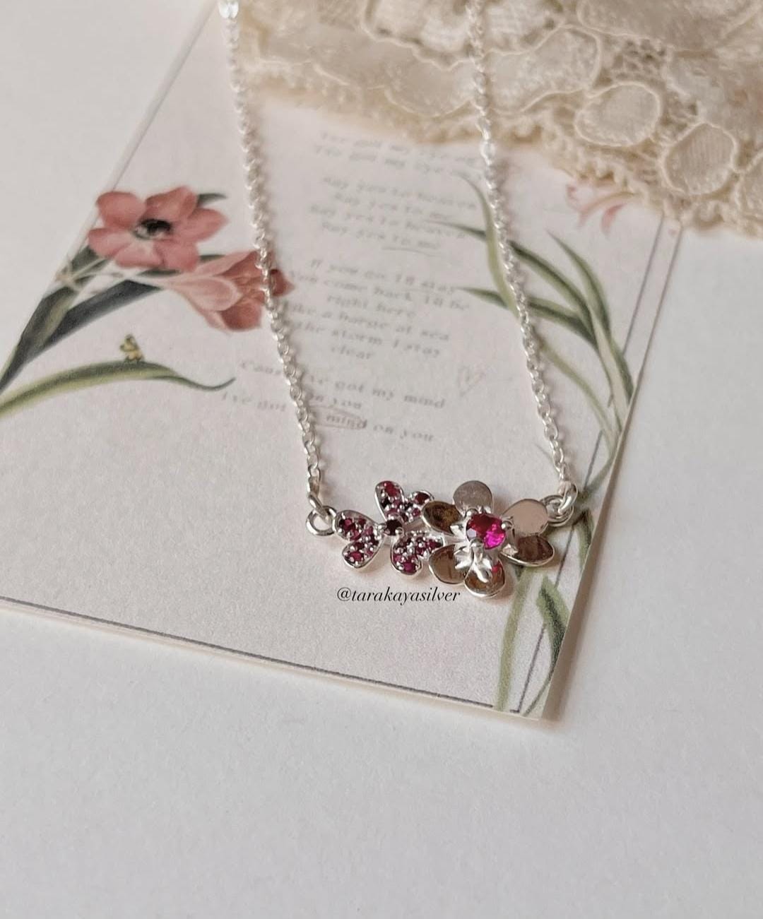 Elegant ruby flower bouquet necklace in 925 silver