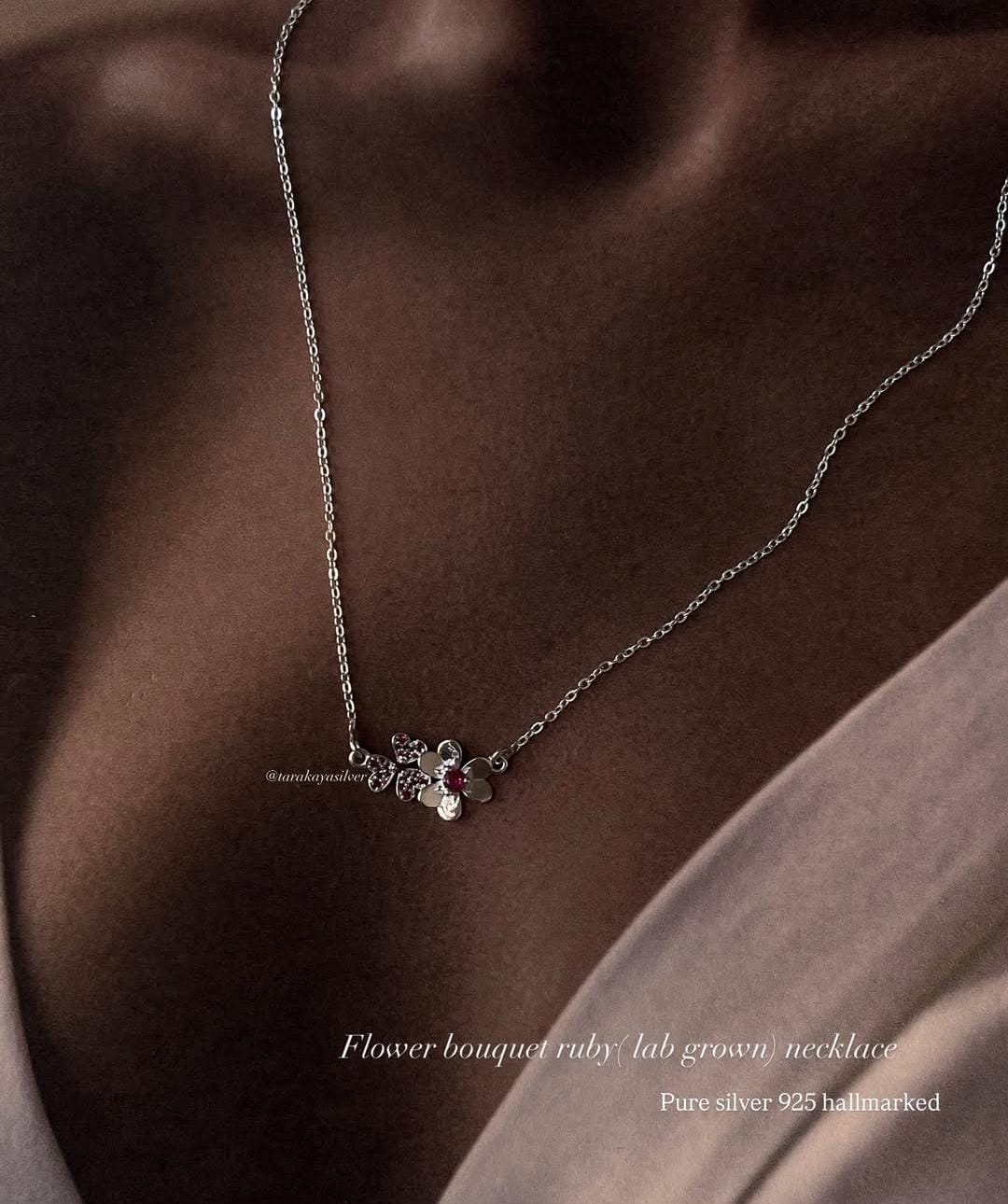 Lab-grown ruby flowers bouquet necklace with silver chain  