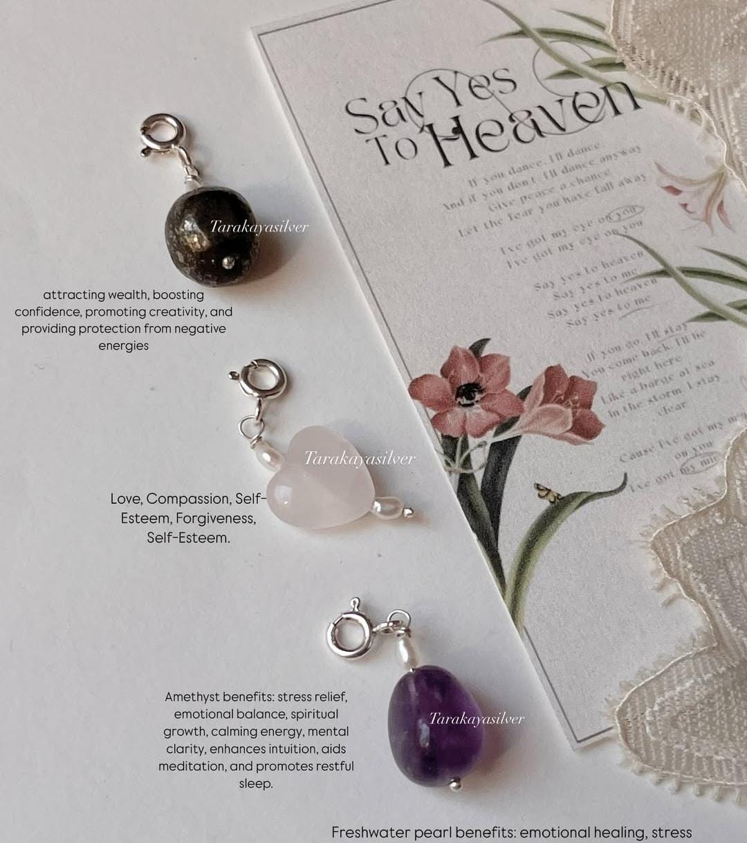 Healing gemstone charm set with rose quartz, amethyst, and pyrite