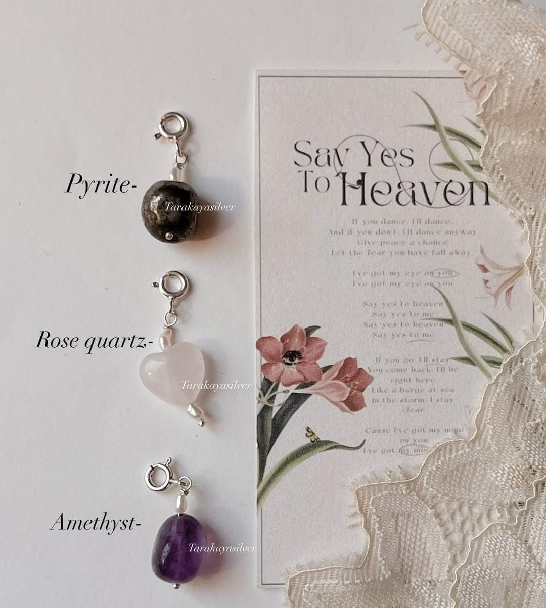 Rose quartz heart, amethyst tumble, and pyrite tumble crystal charm set  
