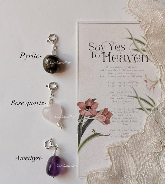 Rose quartz heart, amethyst tumble, and pyrite tumble crystal charm set  
