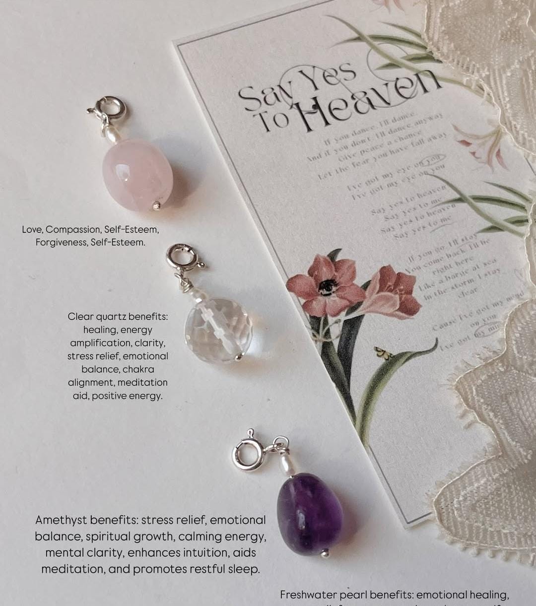 Healing gemstone charm set with rose quartz, amethyst, and clear quartz