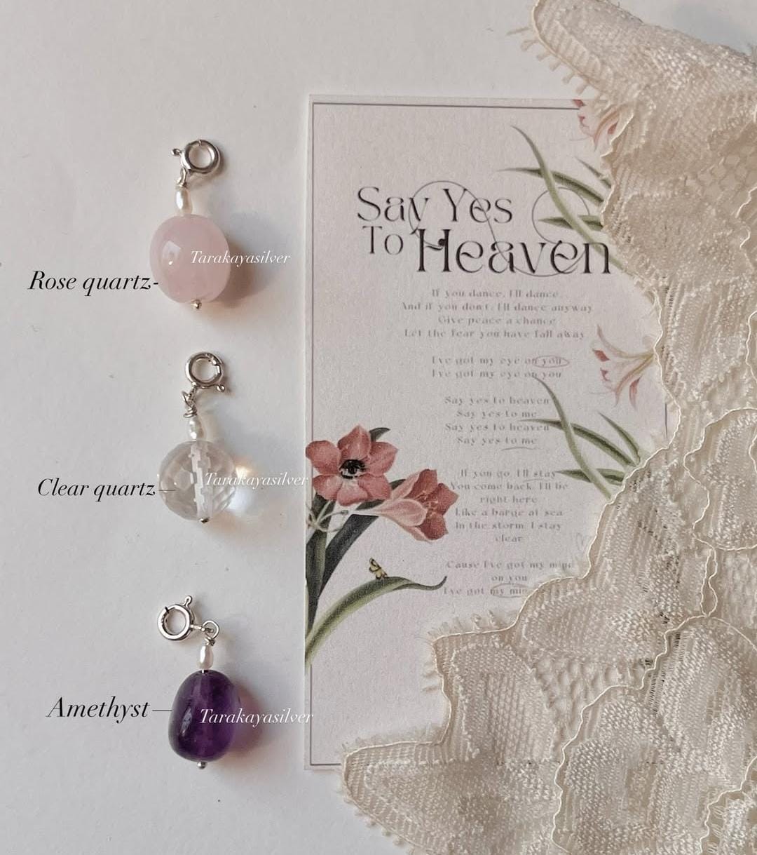 Rose quartz tumble, amethyst tumble, and clear quartz diamond charm set  