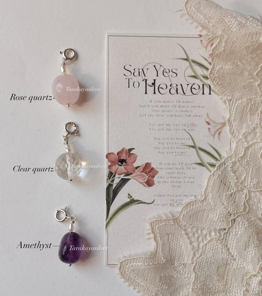 Rose quartz tumble, amethyst tumble, and clear quartz diamond charm set  