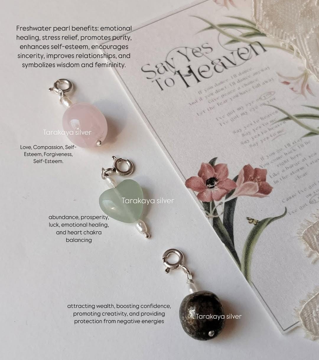 Healing crystal charm set with rose quartz, pyrite, and pearl
