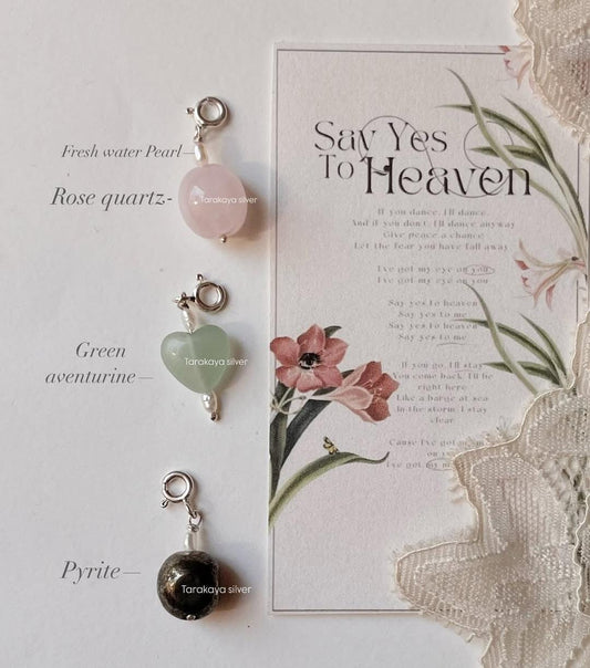 Rose quartz, pyrite, and green aventurine crystal charm set  