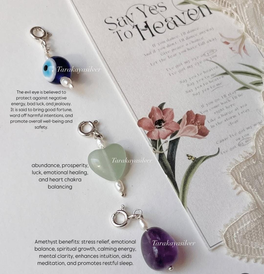 Healing charm set with evil eye, green aventurine, and amethyst