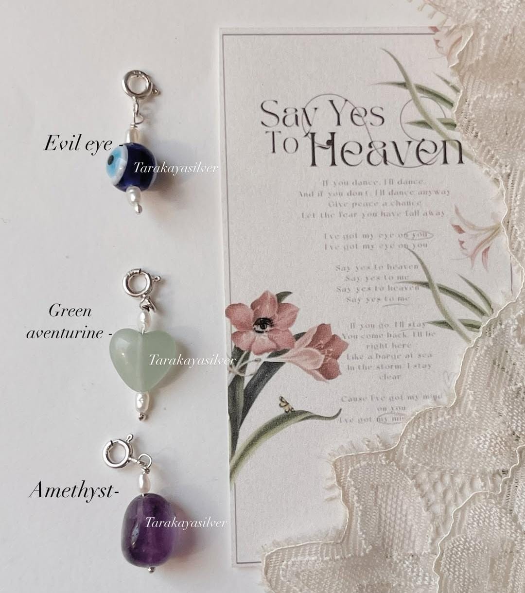 Evil eye, green aventurine heart, and amethyst tumble crystal charm set  