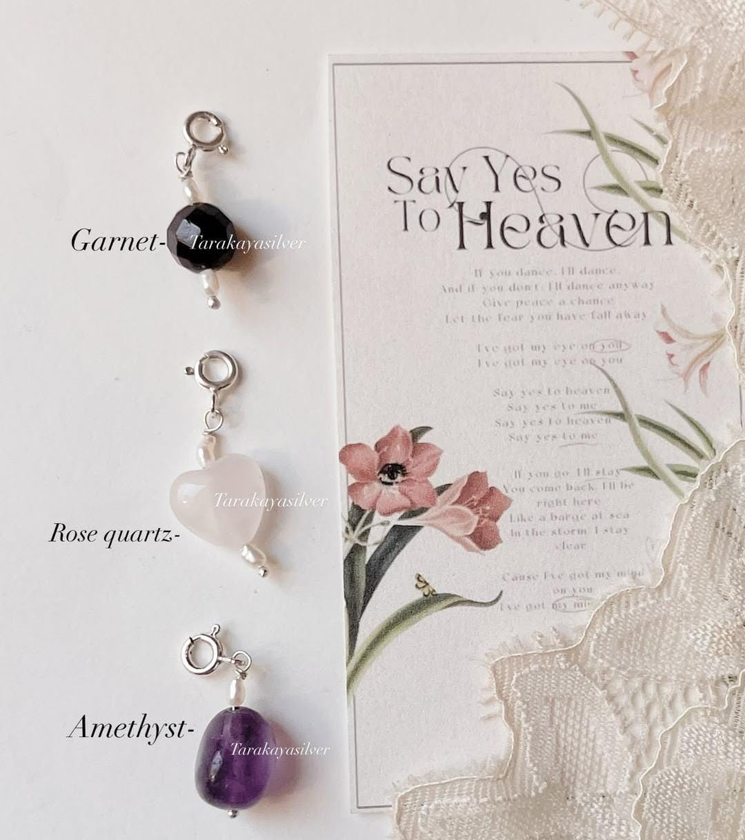 Rose quartz heart, amethyst tumble, and garnet diamond cut crystal charm set  