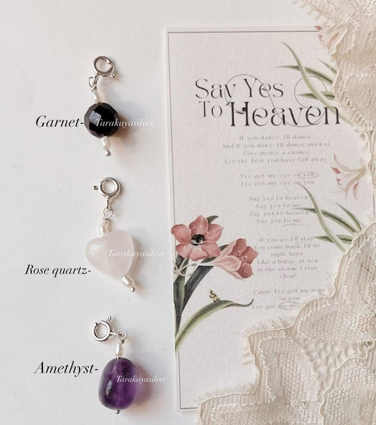 Rose quartz heart, amethyst tumble, and garnet diamond cut crystal charm set  