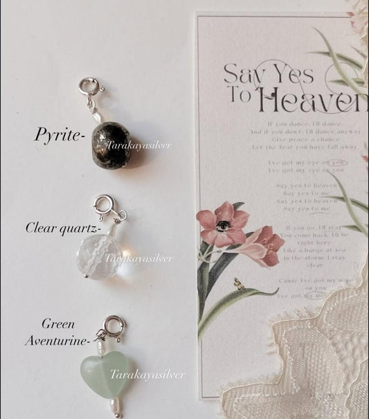 Green aventurine heart, pyrite tumble, and clear quartz charm set  