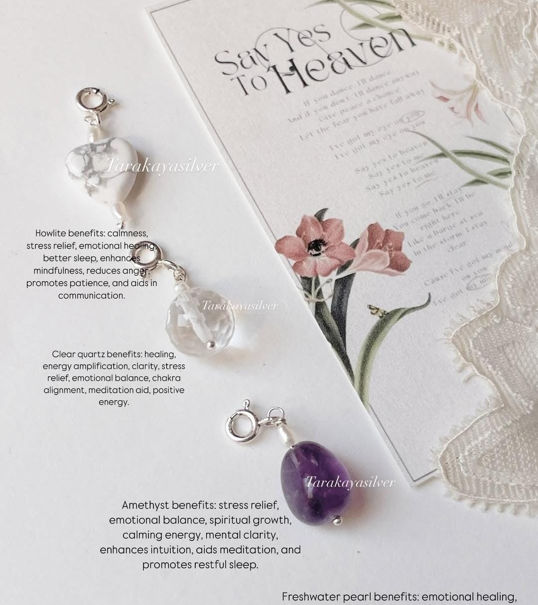 Healing charm set with howlite, amethyst, and clear quartz