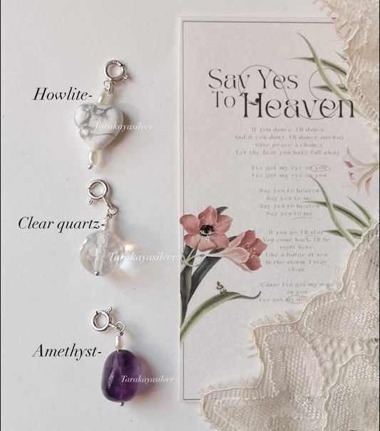 Howlite heart, amethyst tumble, and clear quartz crystal charm set  