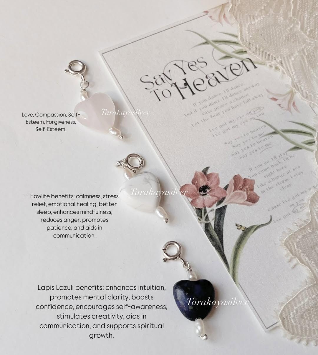 Heart-shaped gemstone charms with pearl and silver accents