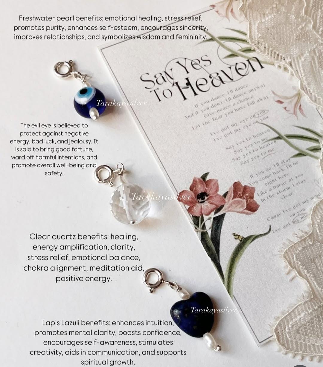 Protective crystal charm set with evil eye and pearl accents