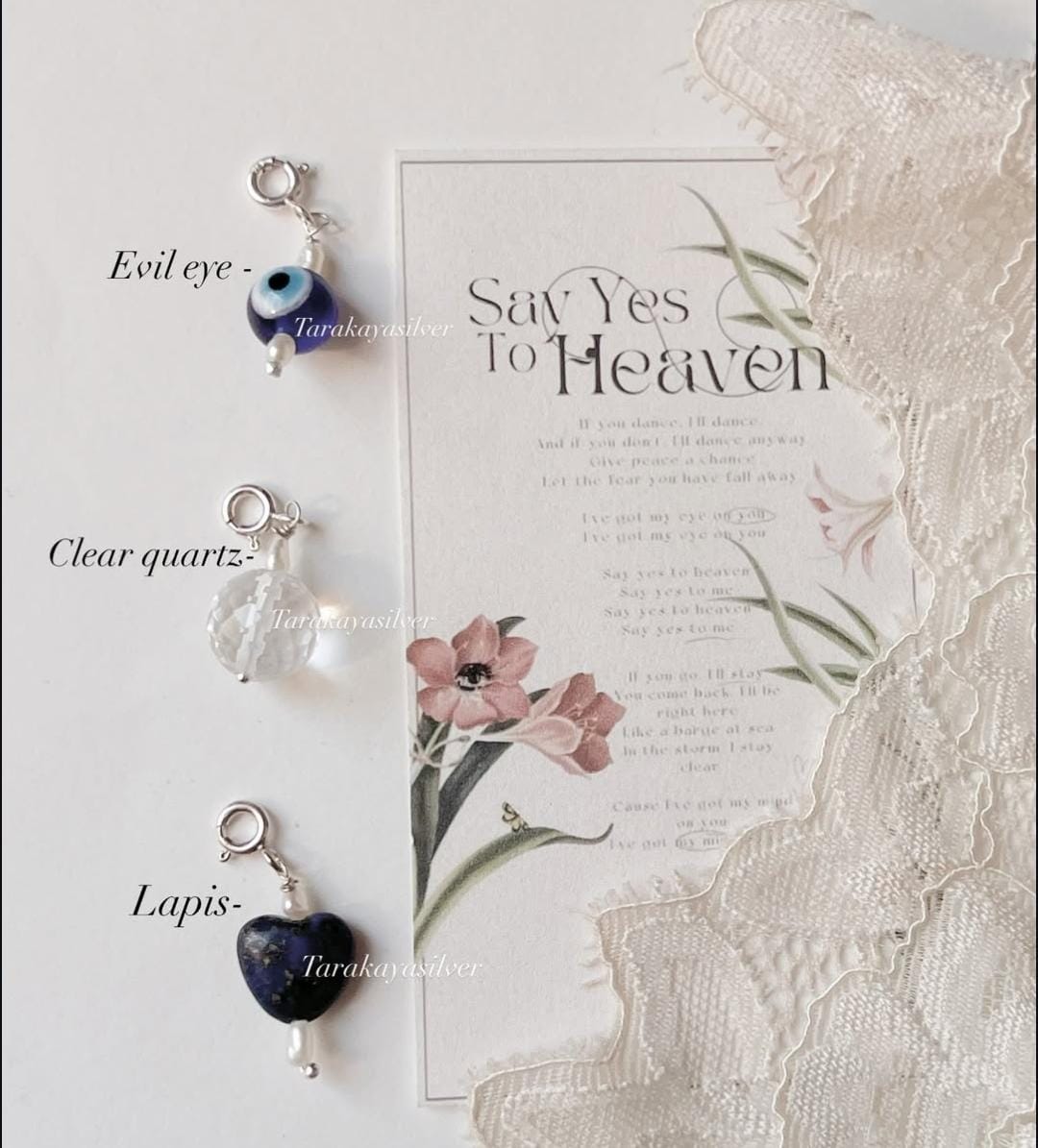 Lapis heart, evil eye, and clear quartz crystal charm set  