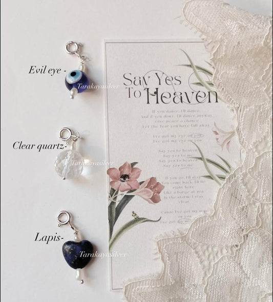 Lapis heart, evil eye, and clear quartz crystal charm set  