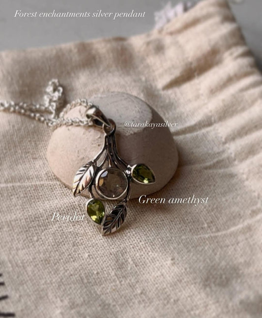 925 sterling silver peridot green amethyst forest pendant  