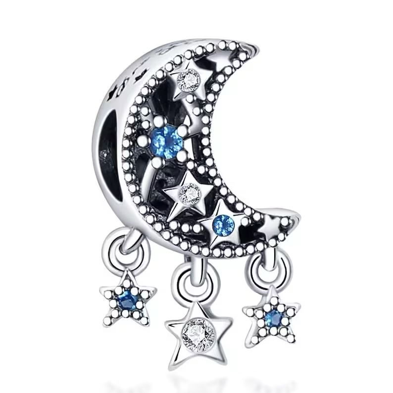 Dreamcatcher charm with crescent moon and stars in 925 silver