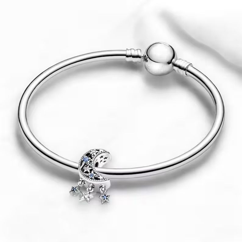 Pandora-style 925 silver charm with crescent moon, stars, and dreamcatcher  
