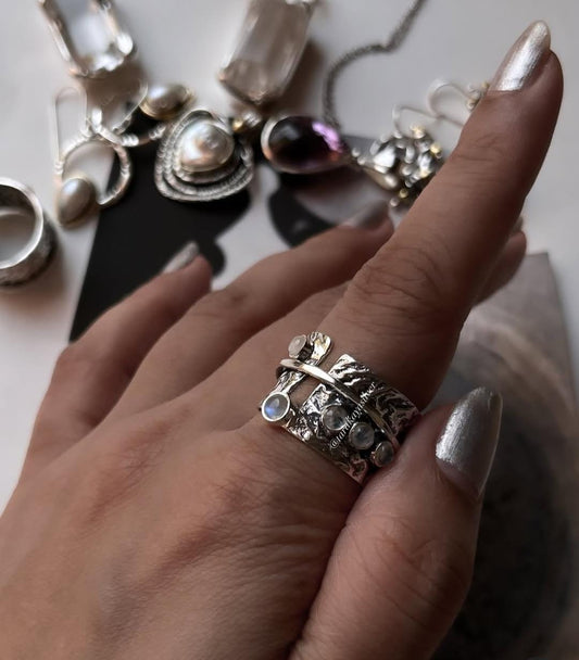 925 sterling silver handcrafted spinner ring with moonstone and rustic wrap  