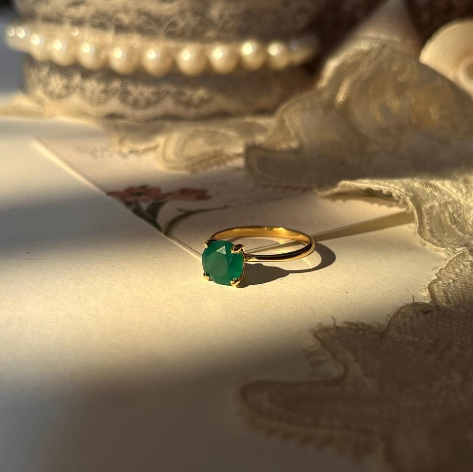 Gold Vermeil Green Onyx Round Solitaire 925 Sterling Silver Ring