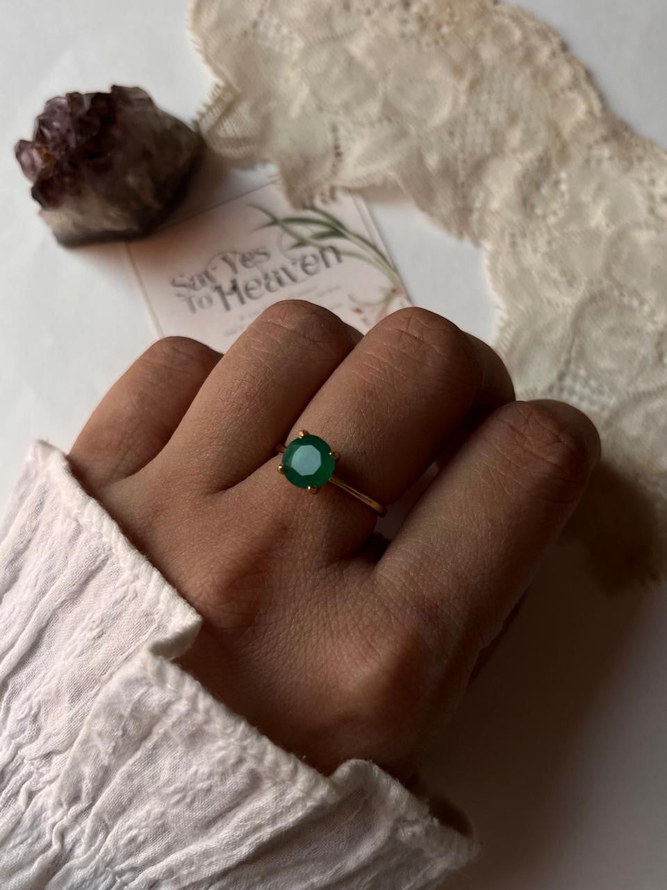 Gold Vermeil Green Onyx Round Solitaire 925 Sterling Silver Ring