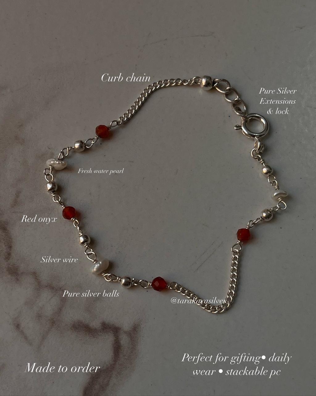 Red Onyx & Pearl Handcrafted 925 Sterling Silver Anklet