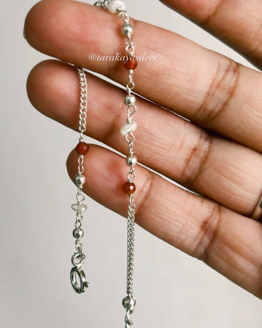Red Onyx & Pearl Handcrafted 925 Sterling Silver Anklet