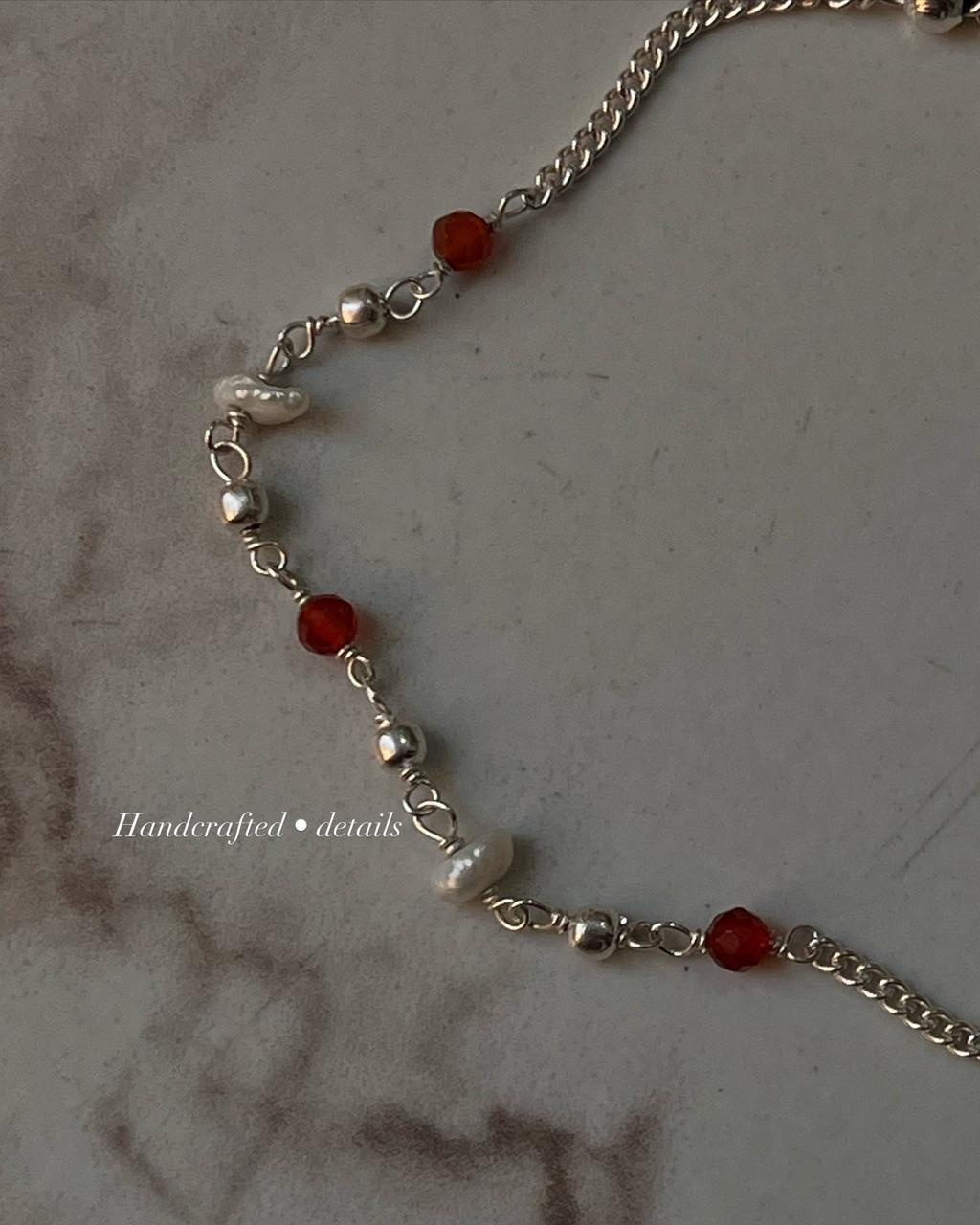 Red Onyx & Pearl Handcrafted 925 Sterling Silver Anklet