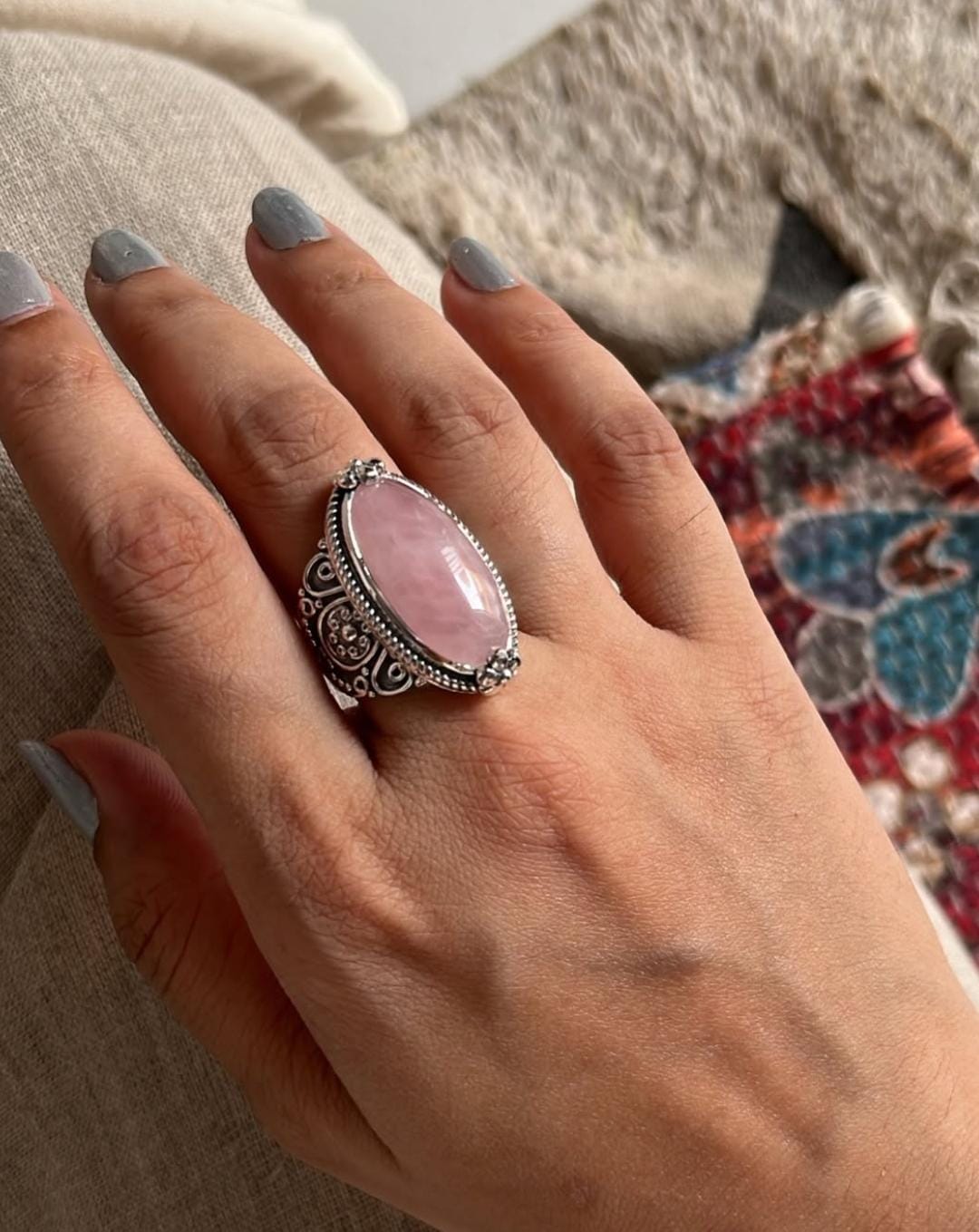 Rose Quartz Boho Oval Statement 925 Sterling Silver Ring