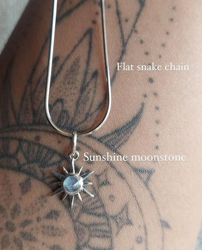Sunshine moonstone pendant on flat sleek snake 925 sterling silver necklace