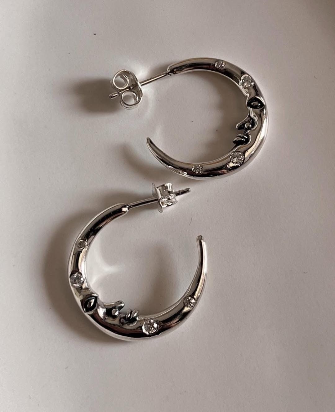 Celestial Charm -Crescent Moon Face Cz studded 925 Sterling Silver Half Hoops
