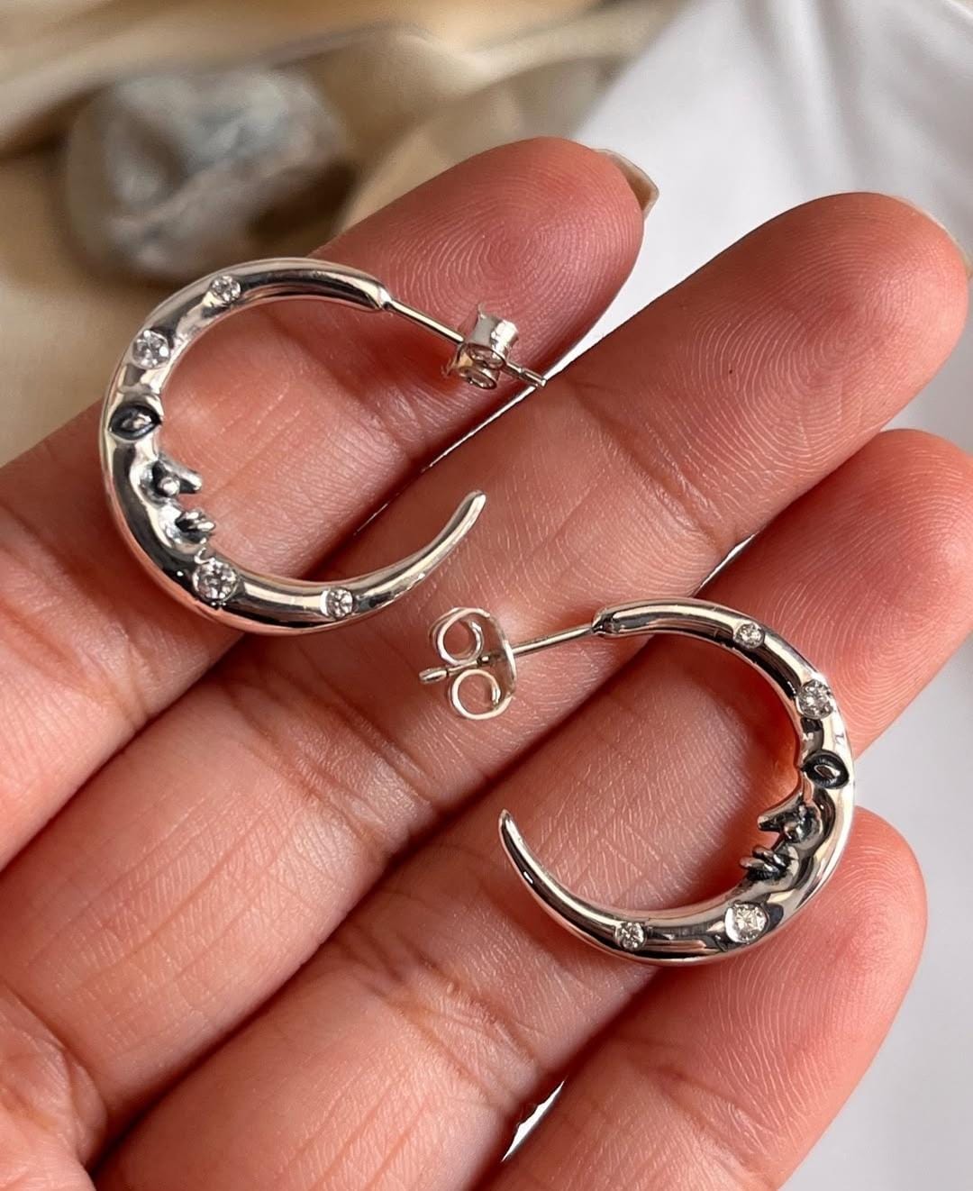 Celestial Charm -Crescent Moon Face Cz studded 925 Sterling Silver Half Hoops