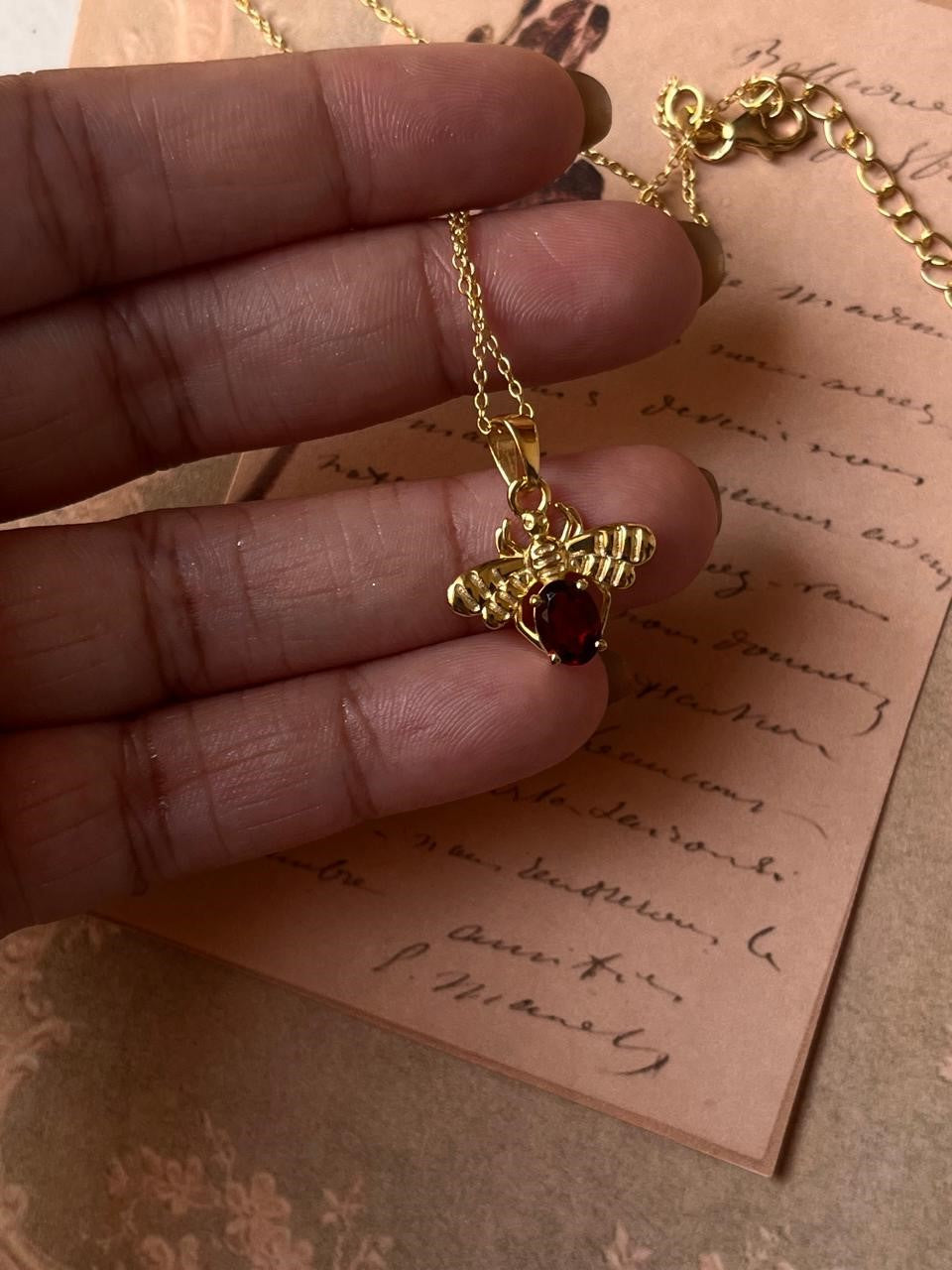 Gold Vermeil Garnet Bee 925 Sterling Silver Necklace  