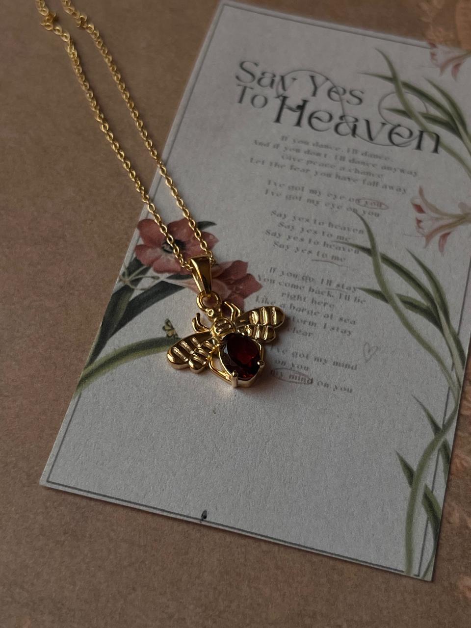 Handcrafted Gold Vermeil Bee Necklace with Garnet in 925 Silver  