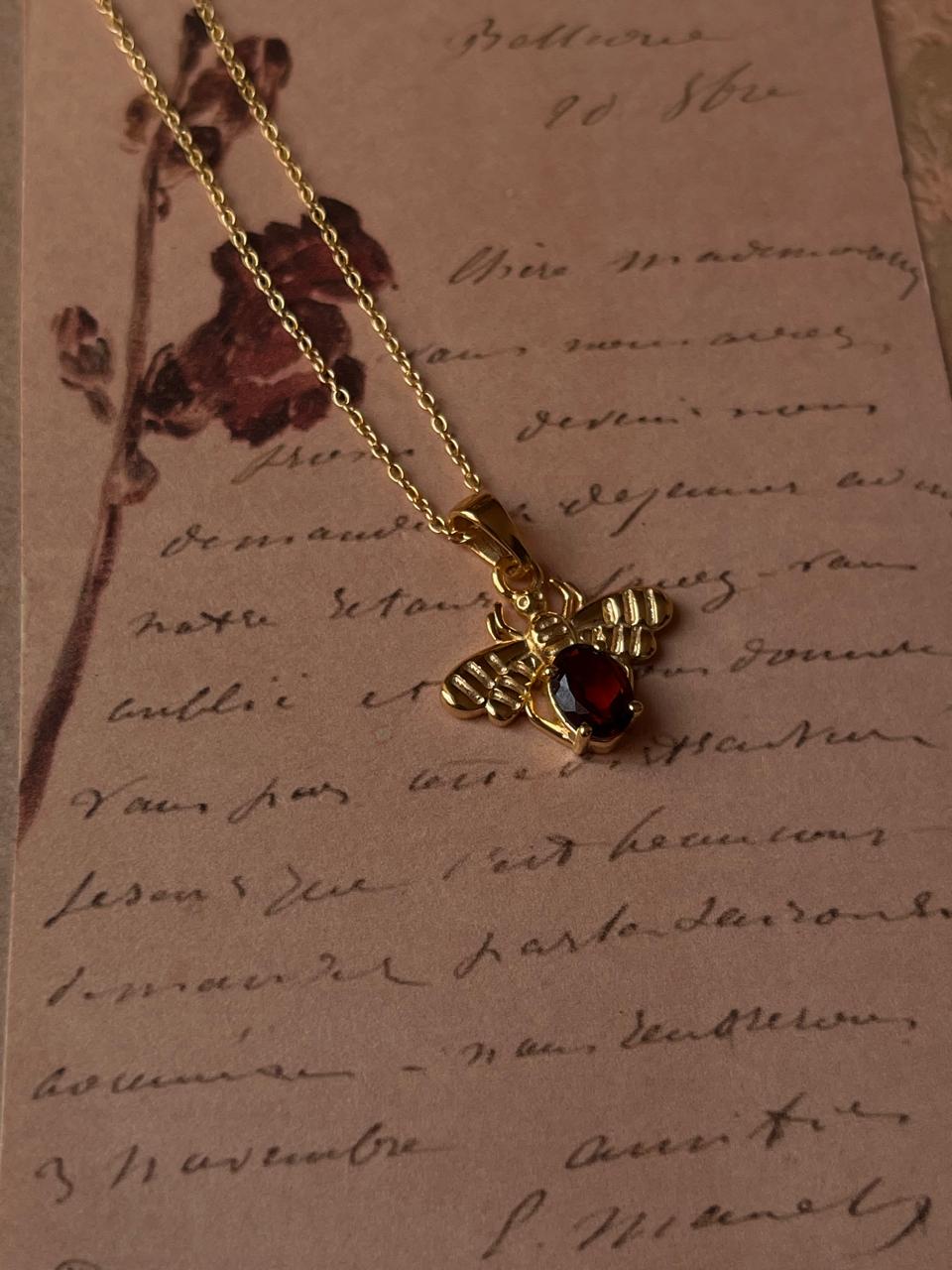 Sterling Silver Necklace with Garnet Bee Gold Vermeil Pendant