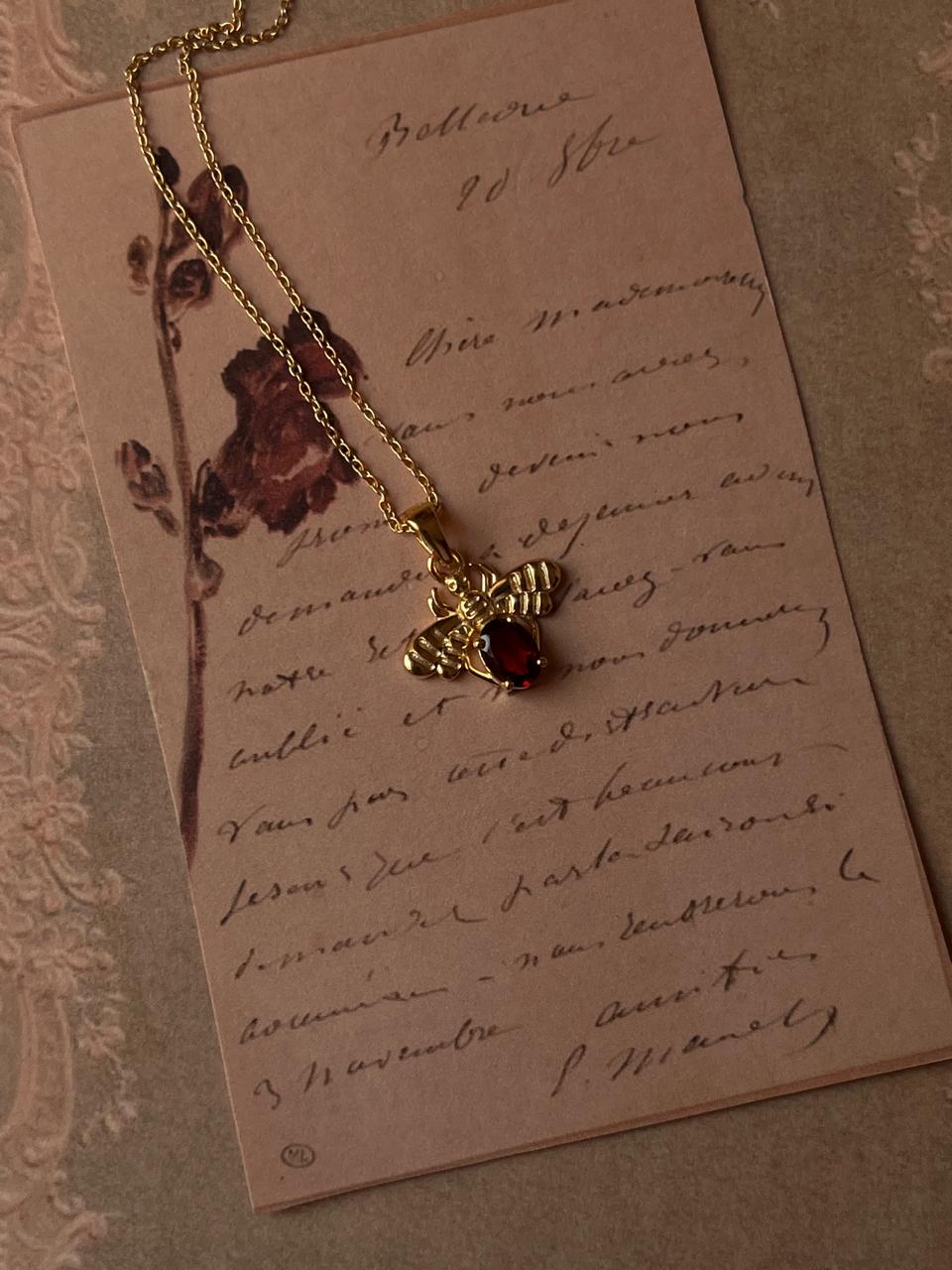 Artisan Gold Vermeil Bee Necklace with Garnet in Sterling Silver  