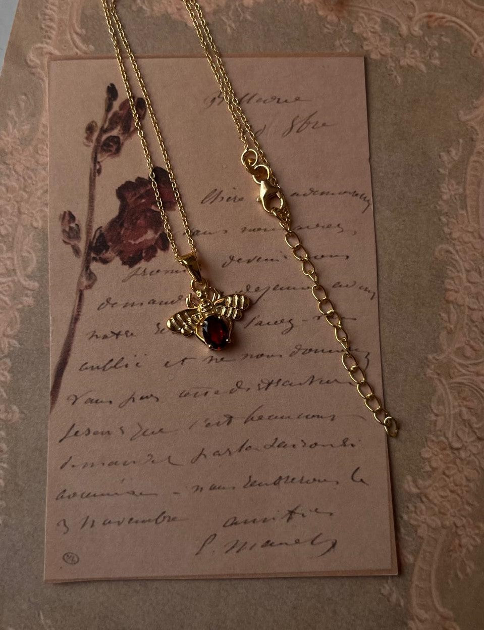 Bohemian Gold Vermeil Bee Garnet 925 Silver Necklace
