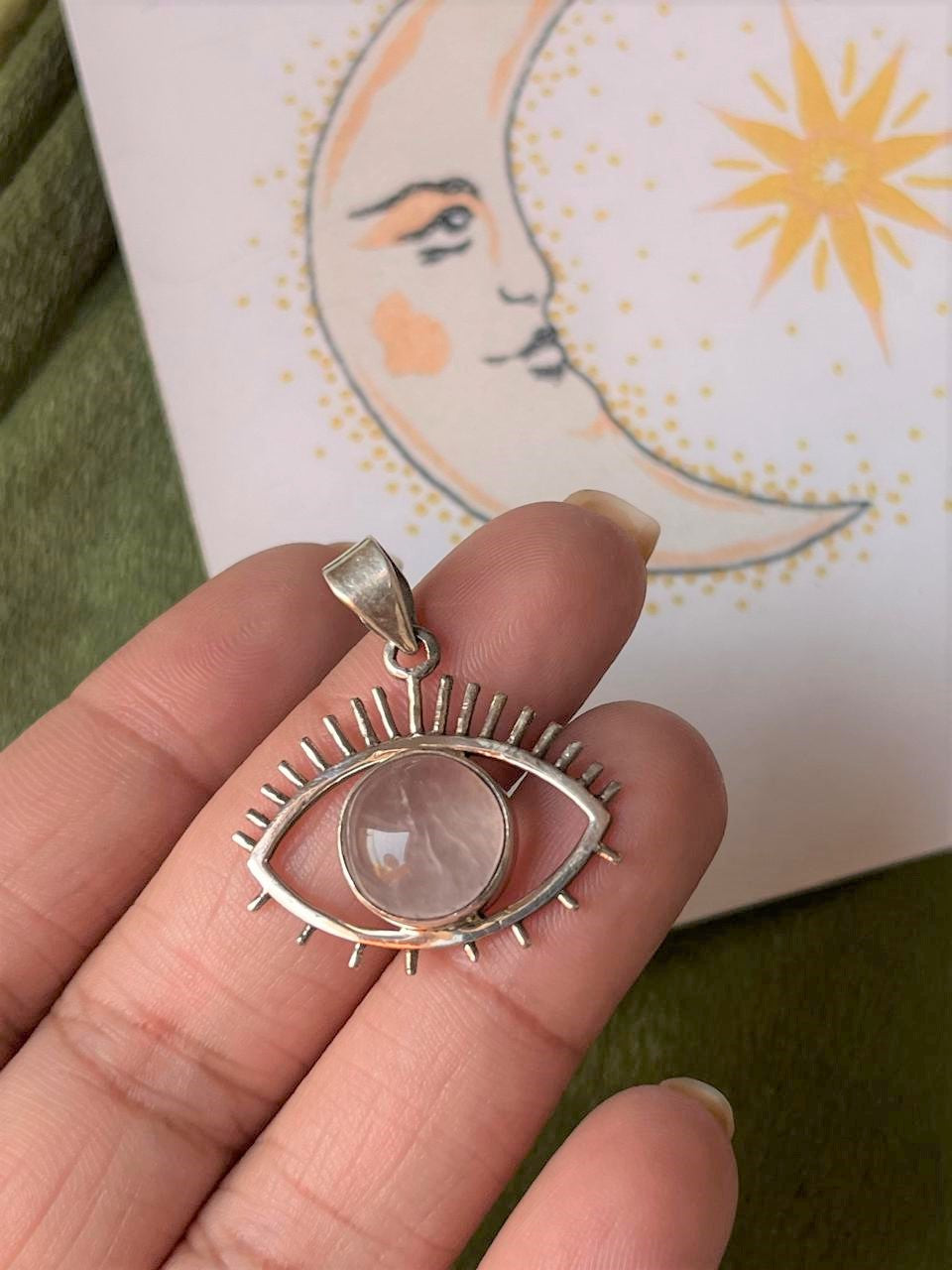 Handcrafted Rose Quartz Evil Eye Silver Pendant  