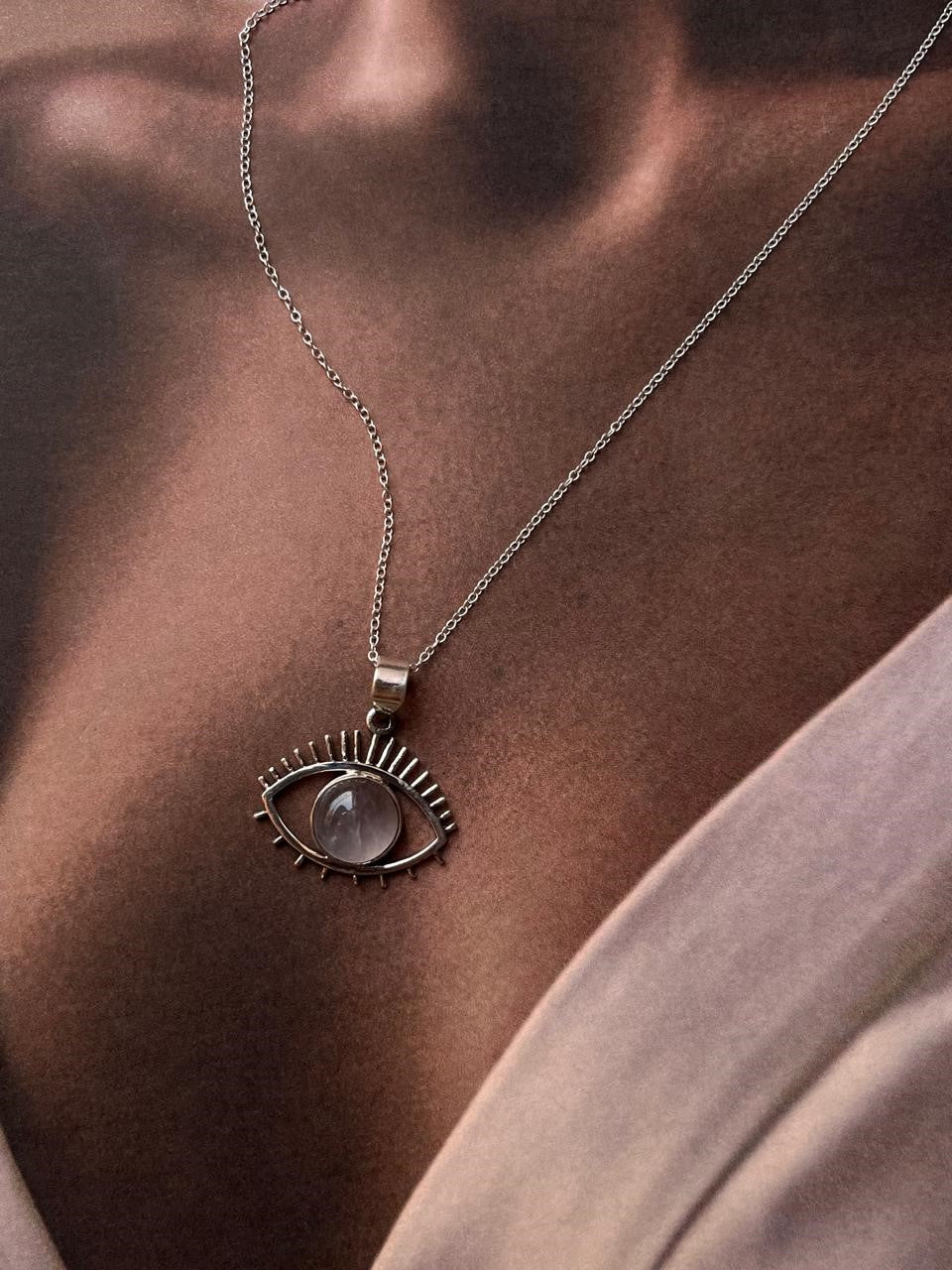 Rose Quartz Evil Eye 925 Sterling Silver Pendant  