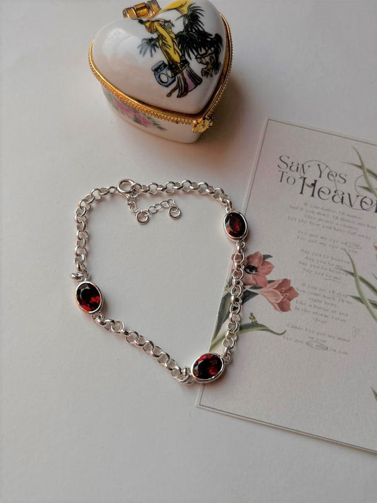 Garnet 3 Stone 925 Sterling Silver Bracelet