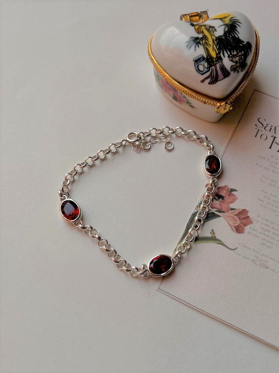 Garnet 3 Stone 925 Sterling Silver Bracelet